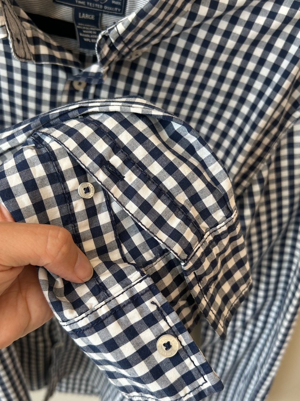 American Rag Slim Fit Navy Gingham Button Down Shirt Men’s L 16 inch neck - Picture 5 of 12